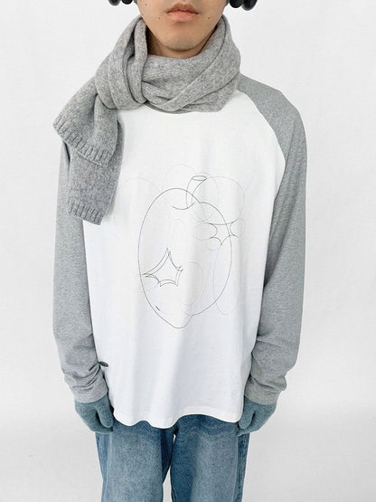 Round Top Unisex White Colorblock Design Pattern Daily Kawaii Apple in Neck Gray with