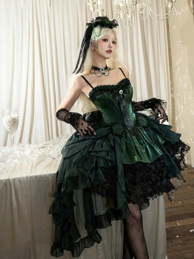 Black Lolita Bouquet Boned with Rose Dress Strapless Hem Green Gothic
