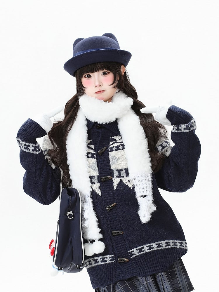 Daily Navy Jacquard with Blue/Grey Cardigan Pattern Closure Toggle Kawaii Button