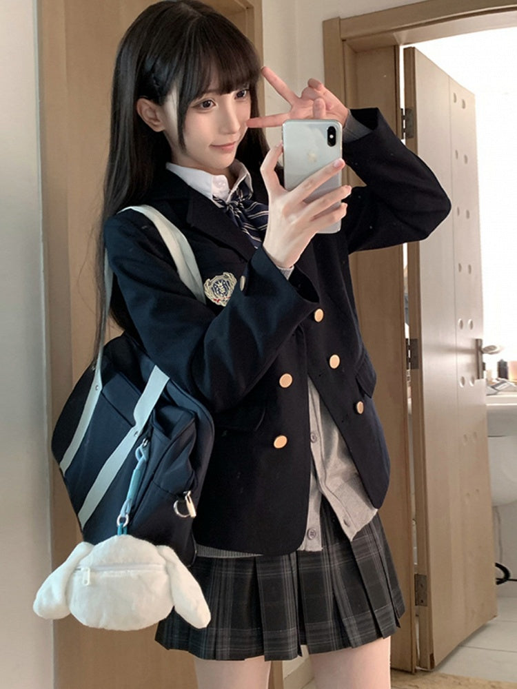 JK Dekoriert Blazer Blau Preppy Stil Abzeichen Uniform Dunkel