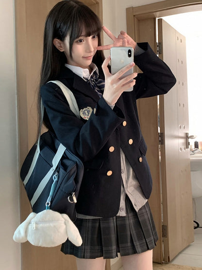 JK Decorated Blazer Blue Preppy Style Badge Uniform Dark