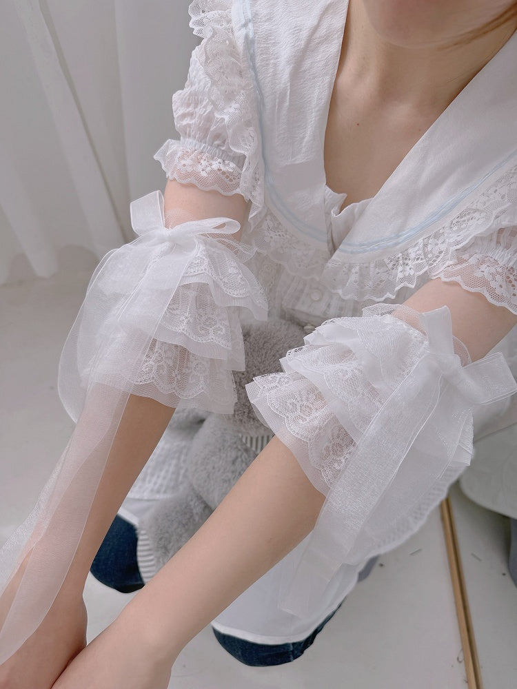 Ribbon with Layered White Bow Lace Cuffs Wrist