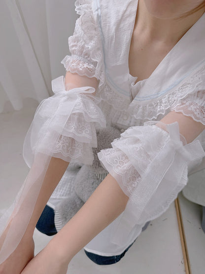 Ribbon with Layered White Bow Lace Cuffs Wrist