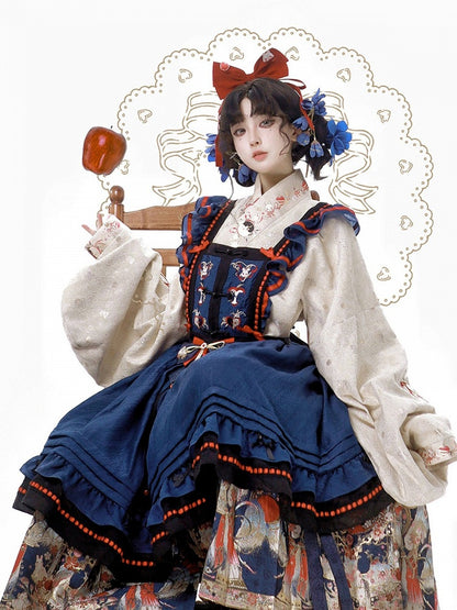Lolita Hanfu Set Beige Blouse Blue Skirt Apron Rabbit Embroidery - Zao Jing Ji