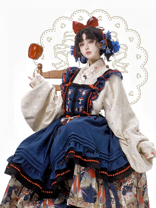 Lolita Hanfu Set Beige Blouse Blue Skirt Apron Rabbit Embroidery - Zao Jing Ji