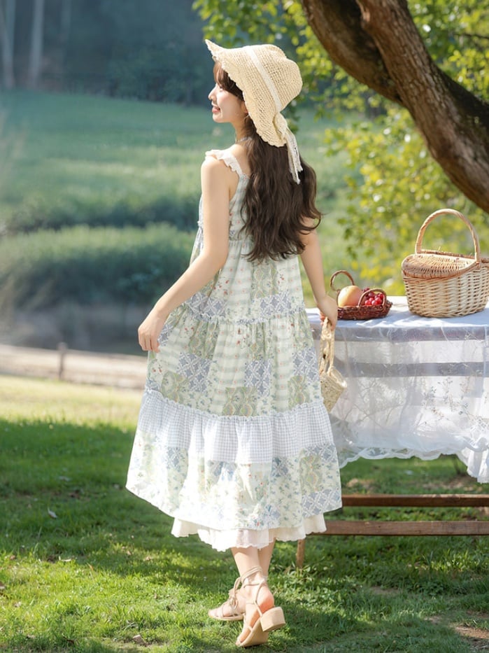 Mori Kei Green Halter Neck Patchwork Design Floral Dress