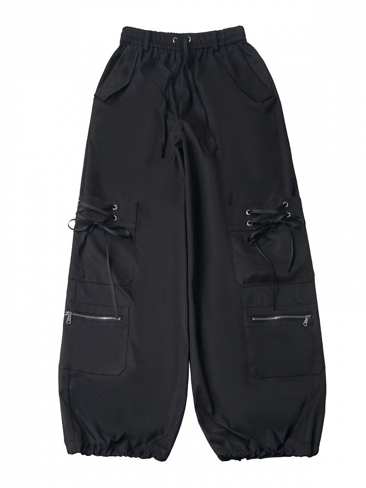 Black Techwear Wide-Leg Cargo Pants with Multi Pockets - PINK SAVIOR