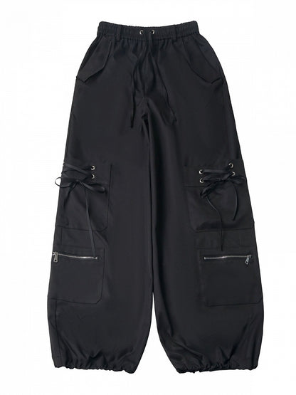 Black Techwear Wide-Leg Cargo Pants with Multi Pockets - PINK SAVIOR