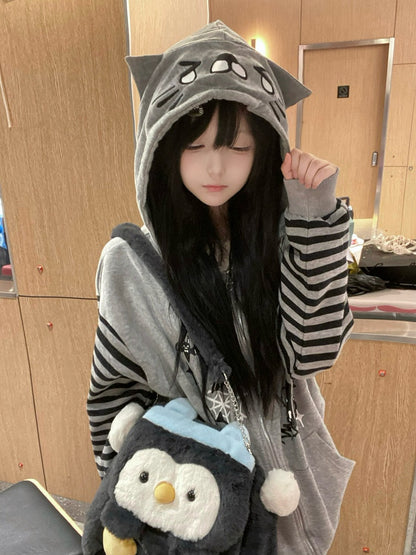 Alt-Culture Halloween-Themed Jacket Print Gray Zip-Up with Hood Cat-Ear