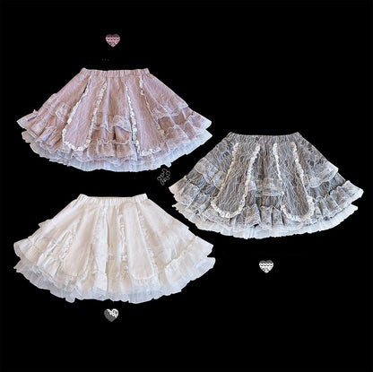 Double-Layered Jirai Kei Lace Black/White/Pink Bunny Ears Design Skirt