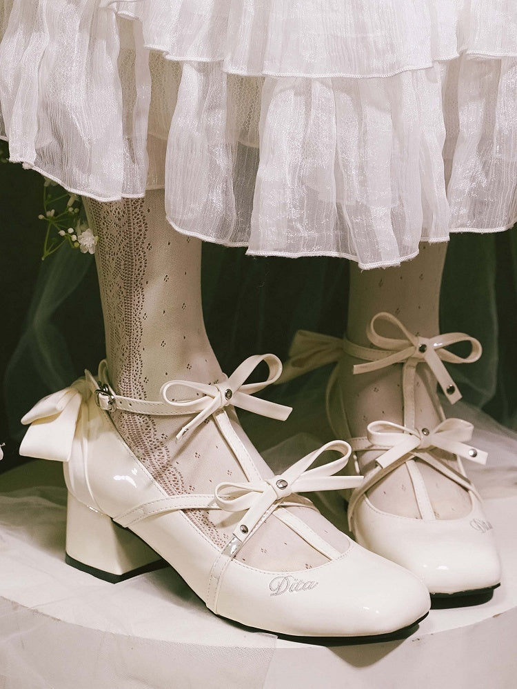 Lolita Toe Heels Polished Middle Accents Bow Design Elegant Square T-strap White with