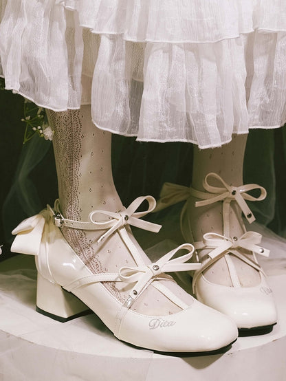 Lolita Toe Heels Polished Middle Accents Bow Design Elegant Square T-strap White with