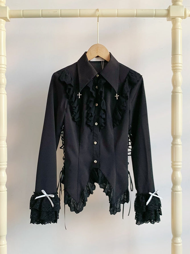 Black Lace-Trimmed Cross Charm Collar Ouji Blouse - With PUJI