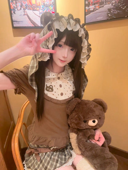 / with Overalls Ear Hat Dress Detachable Brown Susenders Bear Convertible 2-in-1 T-Shirt Plaid Polka Dot