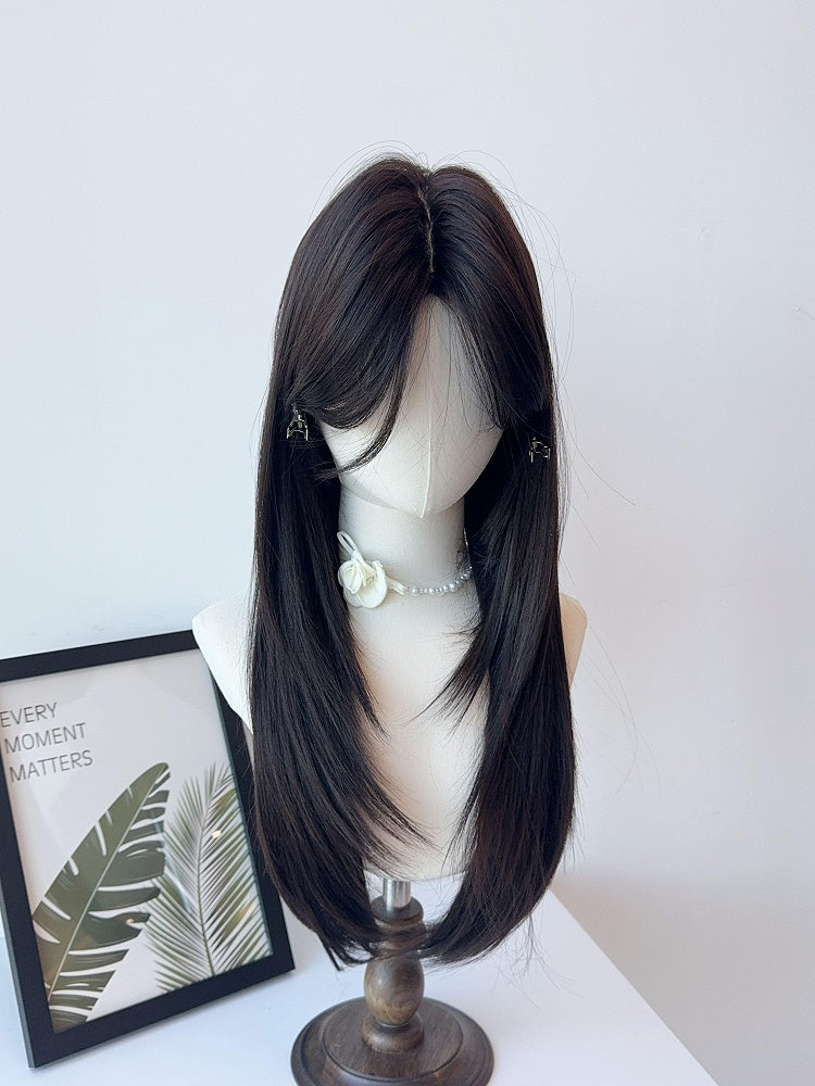 Yellow Tea/Brownish Wig Straight Black Curtain Bangs with 65CM