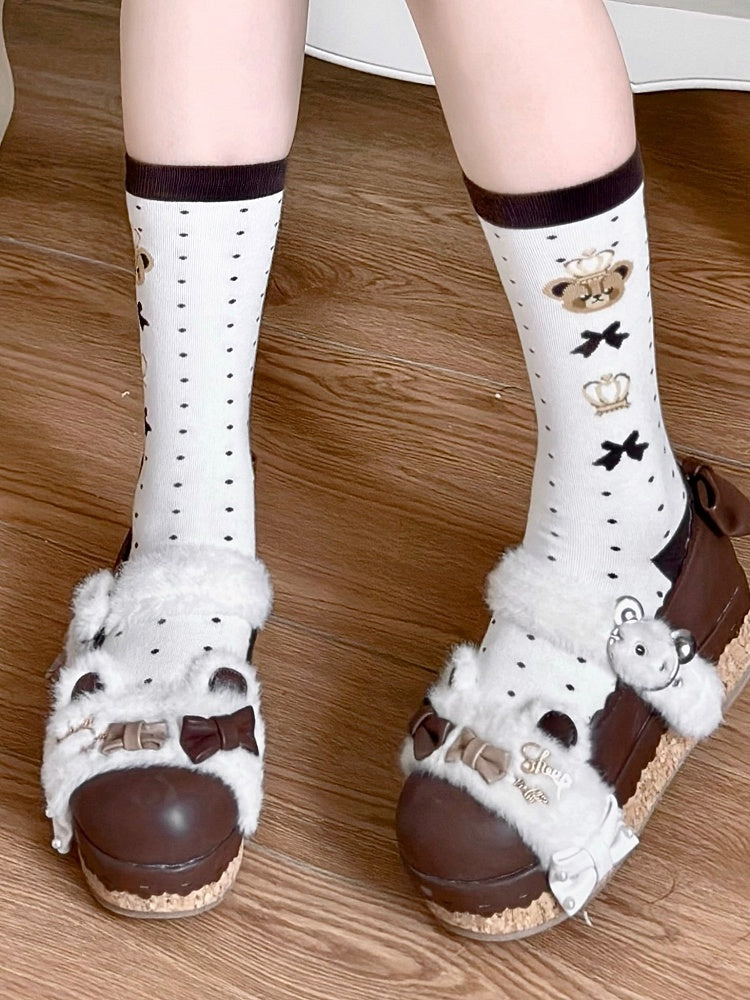 Bear Calf Socks Print Black Lolita Polka-dot Pattern Crown and