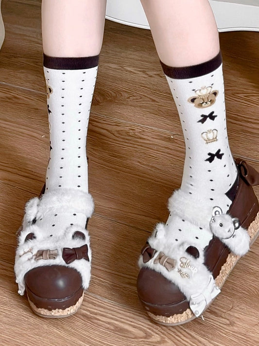 Bear Calf Socks Print Black Lolita Polka-dot Pattern Crown and