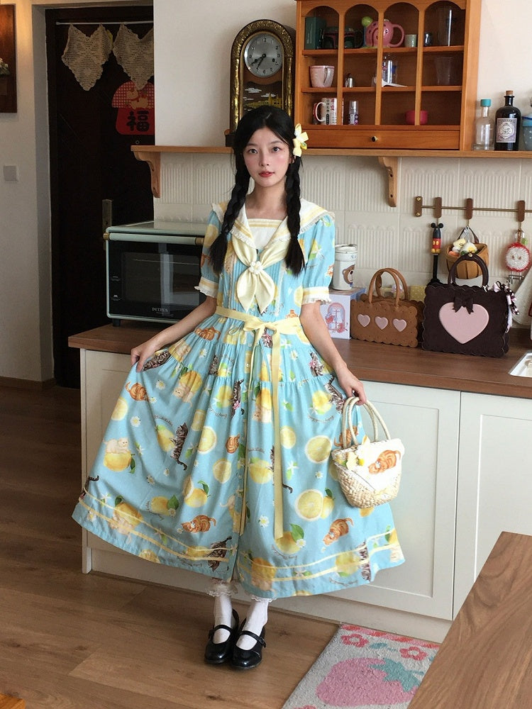 Blue Sailor Collar Floral Print High Waist Dress with Cat Motif - Cutey Mask
