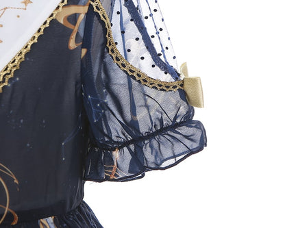 Navy Blue Celestial Globe & Starry Bow Accents Flounce Hem Lolita Dress