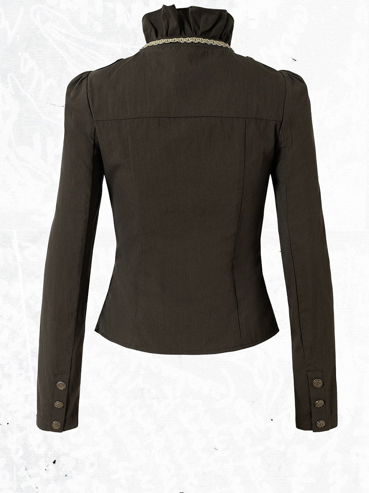 Rococo Punk Army Green Faux Two-Piece Long Sleeve Blouse with Lace and Ruffle Accents - NO ROMANCE