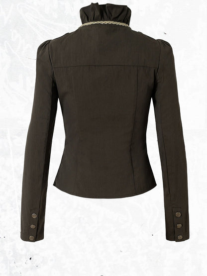 Rococo Punk Army Green Faux Two-Piece Long Sleeve Blouse with Lace and Ruffle Accents - NO ROMANCE