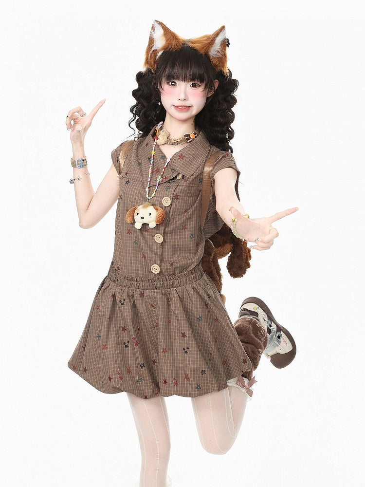 Coffee Two-Piece Short Sleeve Dress with Star and Plaid Pattern