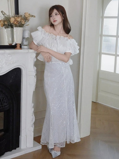 White Ruffle Chiffon Cami with Beaded Straps - Smyster