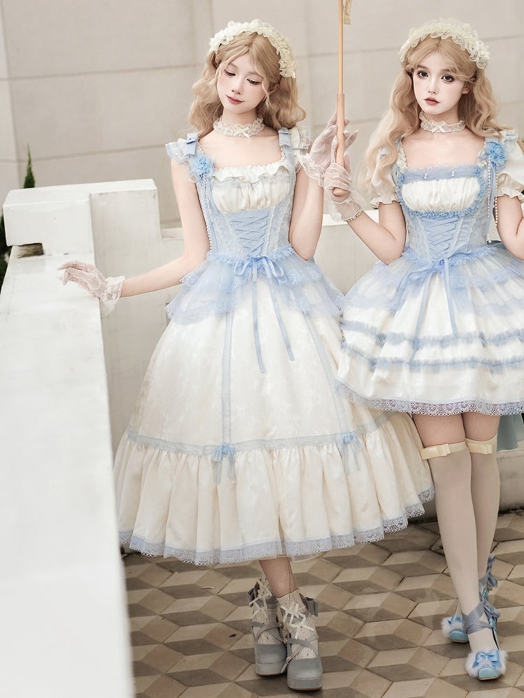 Blue Lolita Beige Full Slim Waist Set Versatile Light Neckline JSK Fit and