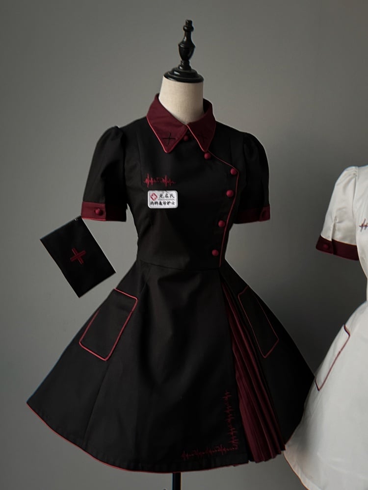 Schwarzes und rotes Halloween-Kostüm für Krankenschwestern, Lolita-Kleid, komplettes Set