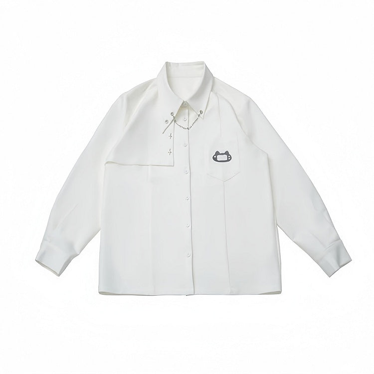 Chained Accent Pointed-Collar Blouse in White with Extended Sleeves - PINK SAVIOR