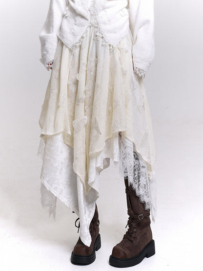 Black/White Butterfly Appliques Tiered Skirt with Handkerchief Hem & Lace Trim