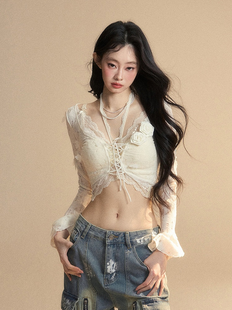 花飾りレースアプリコットベルスリーブバタフライセットクロップドトップグラマラストップ