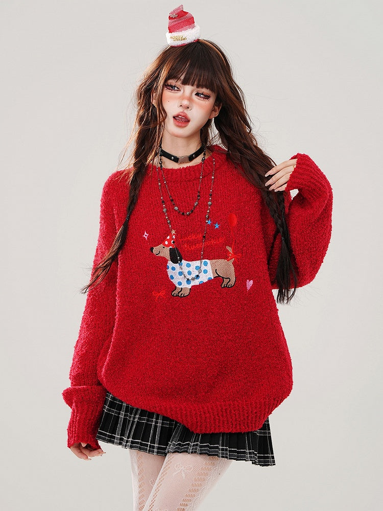 Christmas Red Cute Dachshund Round Neck Loose Sweater