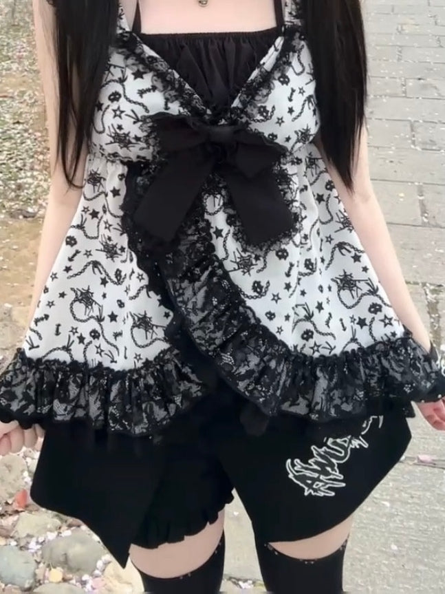 Decorative Black Trim Ruffle Button Skort Placket with