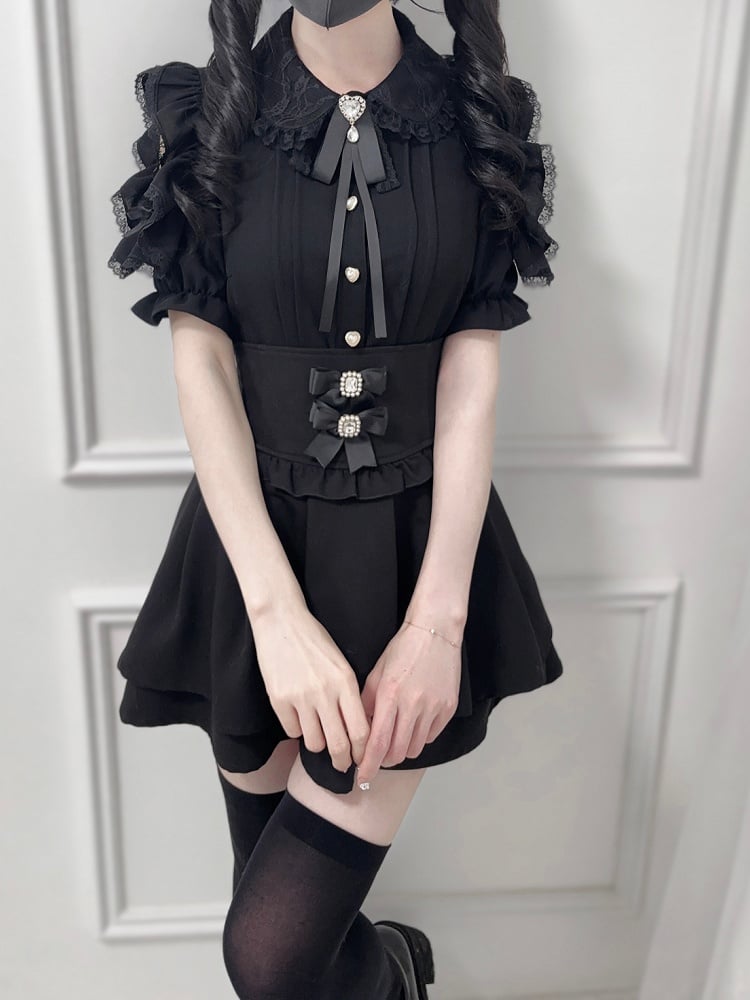 Trim Kei Lace Jirai Cutout Bow Peter Collar Tie Shoulder with Blouse Pan Black