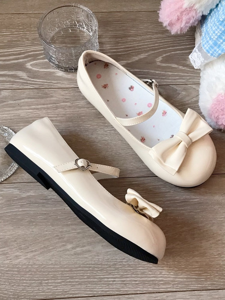 Leather Sweet Round Yellow Heels Buckle Lolita Toe Low in Bow Heart-shaped Accent PU Detachable