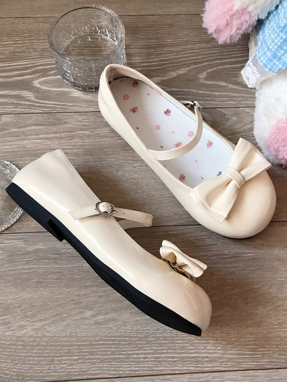 Leather Sweet Round Yellow Heels Buckle Lolita Toe Low in Bow Heart-shaped Accent PU Detachable