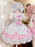 Mint Green Rosette Print Lace JSK Dress - TaTaTa
