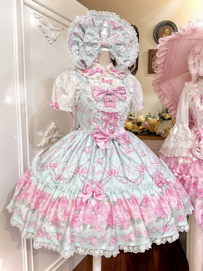 Mint Green Rosette Print Lace JSK Dress - TaTaTa