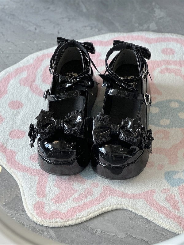 Round-Toe Platform Shoes PU Details with Black Sweet Snap Heart-Shaped Lolita Bowknot