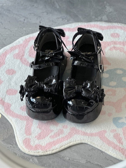 Round-Toe Platform Shoes PU Details with Black Sweet Snap Heart-Shaped Lolita Bowknot