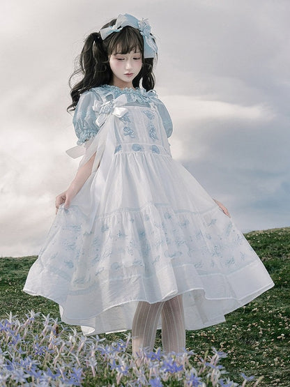Light Blue Sheer Short-Sleeve Crew Neck Tencel Blouse with Lace - Yimu Walnut