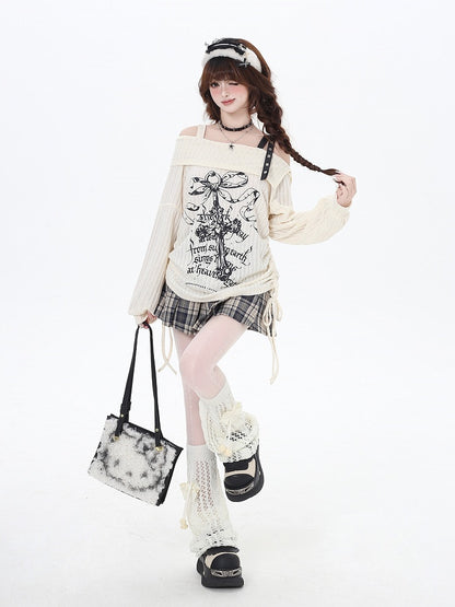 Print Graphic Black Top Edgy with Waist Drawstring Apricot Off-Shoulder Bittersweet