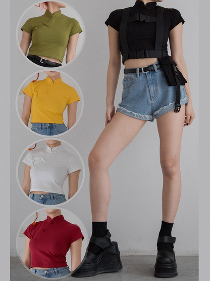 Frosch T-Shirt Crop Cheongsam Verfügbare Farben Knöpfe 5 Mandarin-Stil in mit Kragen -