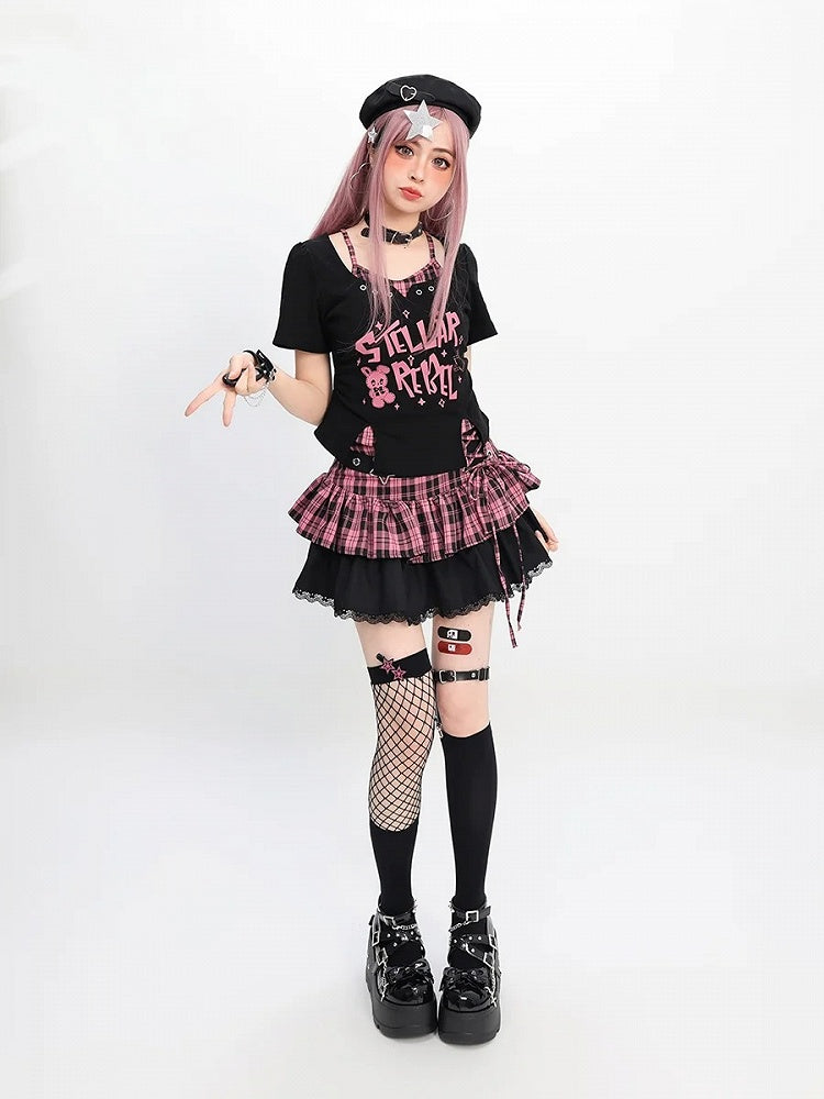 Y2K Black Pink/Black  White Plaid Star with Detail Tiered Skirt Lace-up Buckle