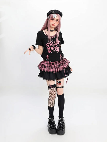 Y2K Black Pink/Black  White Plaid Star with Detail Tiered Skirt Lace-up Buckle