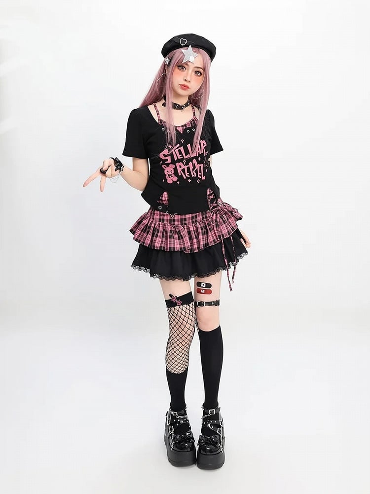 Y2K T-Shirt mit schwarzem Print, rosa/schwarz, zweiteilig, weißer Hase