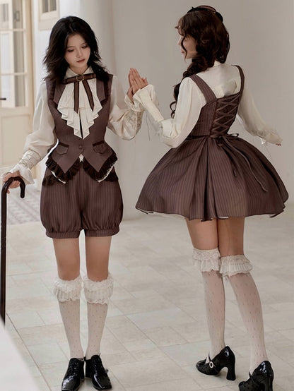 Braunes elegantes Ouji Lolita-Set Weste + Shorts + Hemd + Minihut + Brosche + Halskette
