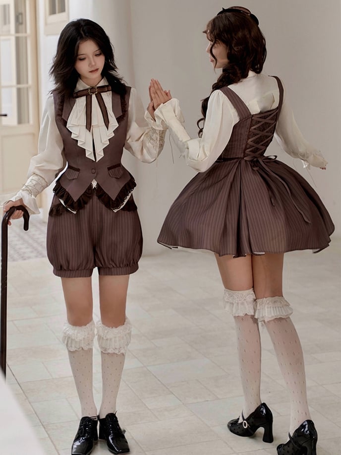 Brown Ouji Lolita Detective Set with Waistcoat and Bloomer Shorts