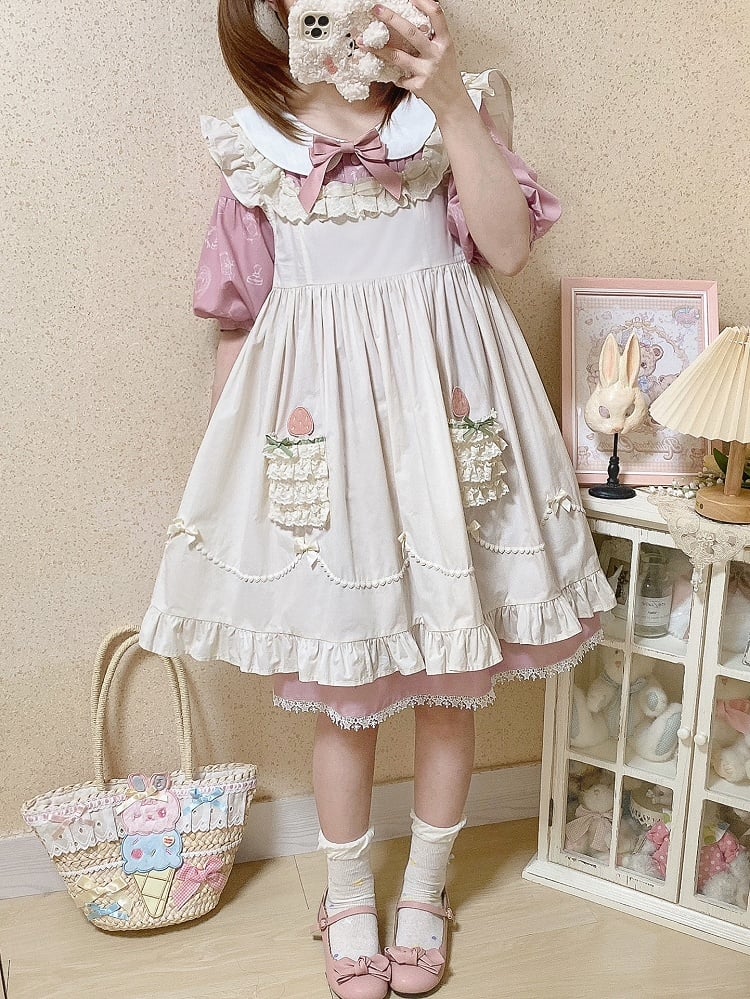 Beiges Baumwoll-Überkleid mit hoher Taille und Erdbeer-Applikation